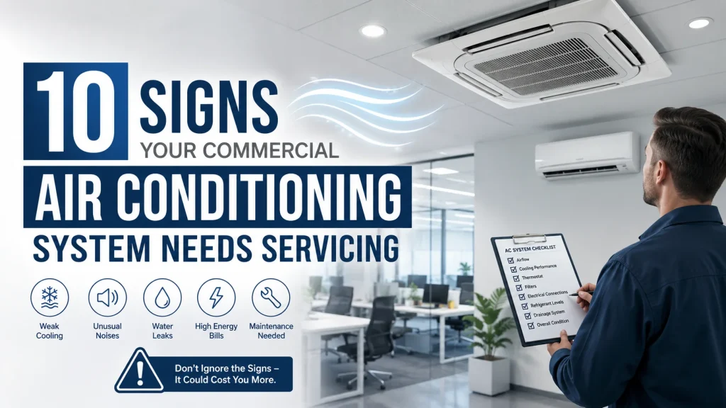 Commercial air conditioning engineer checking a system servicing checklist in a modern office with ceiling cassette and wall mounted AC units.