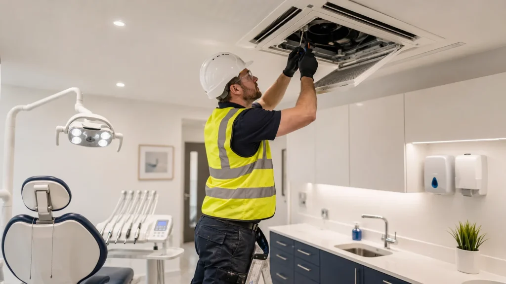 a hvac technician in hi vis doing air conditioning maintenance for a dental surgery