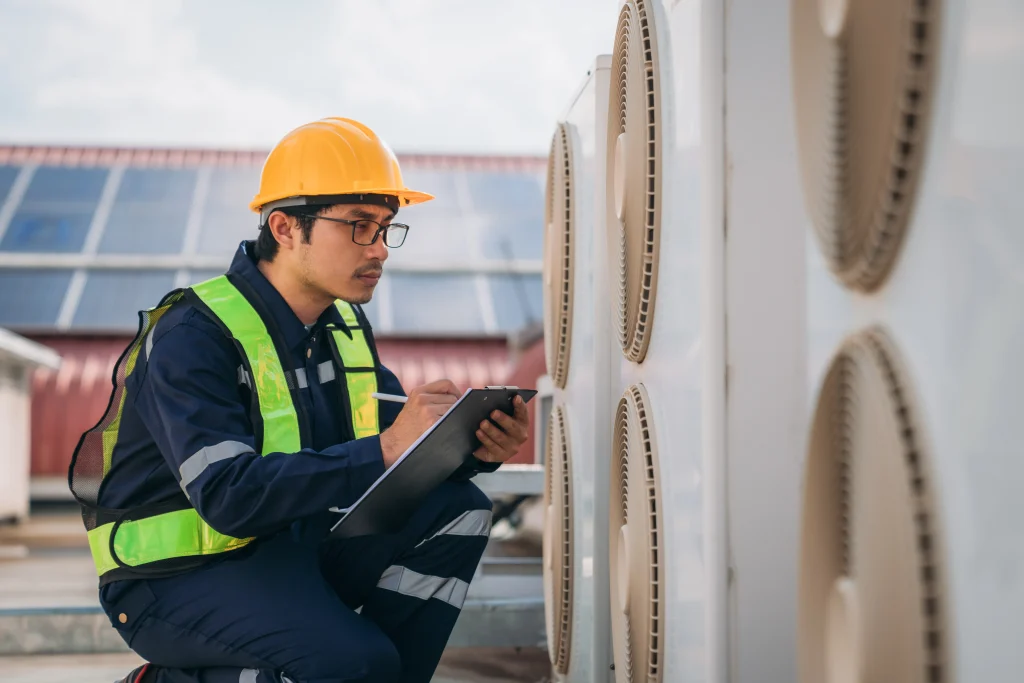 Commercial air conditioning installation with outdoor AC units fitted on a commercial building