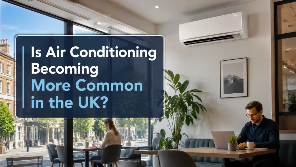 Modern UK workspace with a wall mounted air conditioning unit, showing how air conditioning is becoming more common in homes and businesses.