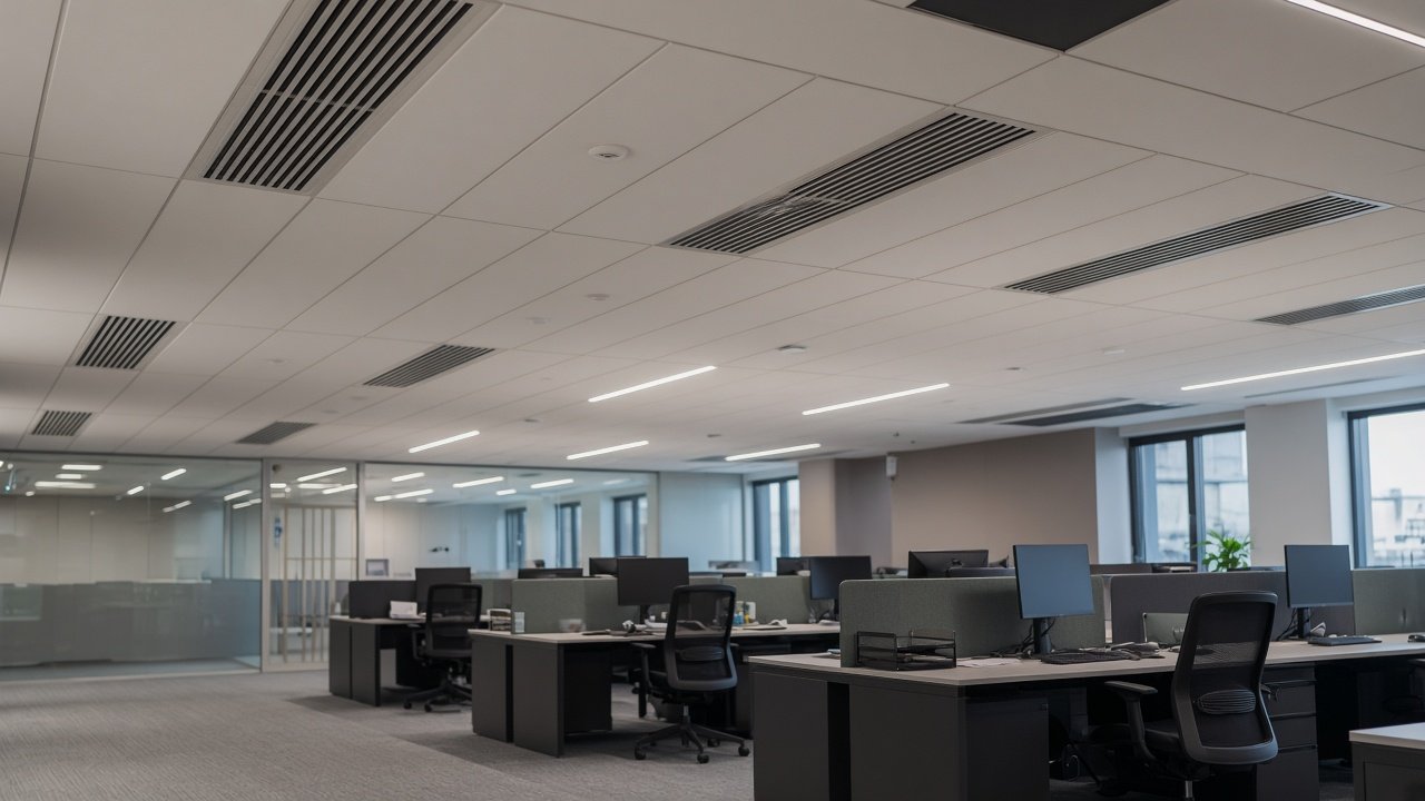 Discreet ducted air conditioning ceiling grilles in a business office