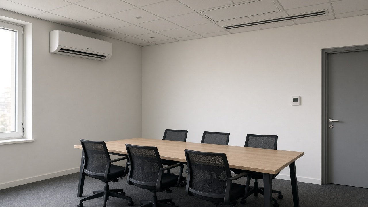 Ducted air conditioning compared with wall unit in a business meeting room