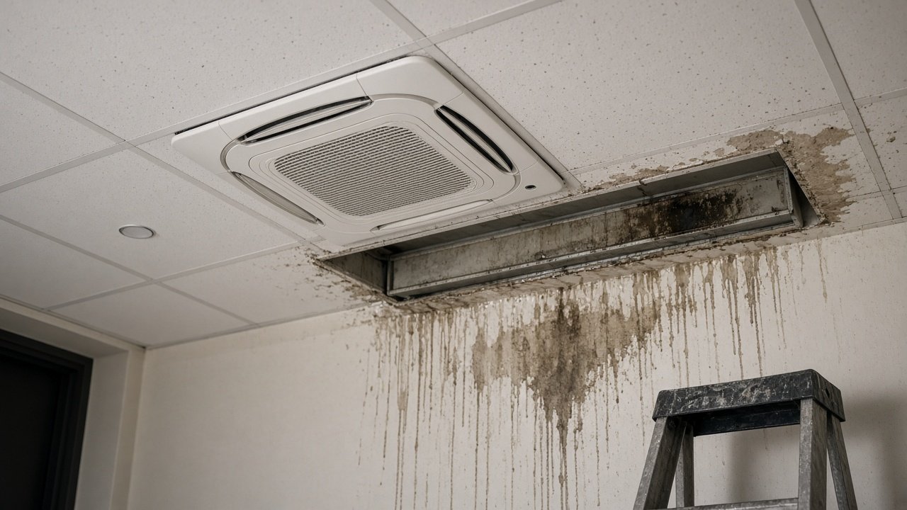 Blocked condensate drain issue found during commercial air conditioning maintenance