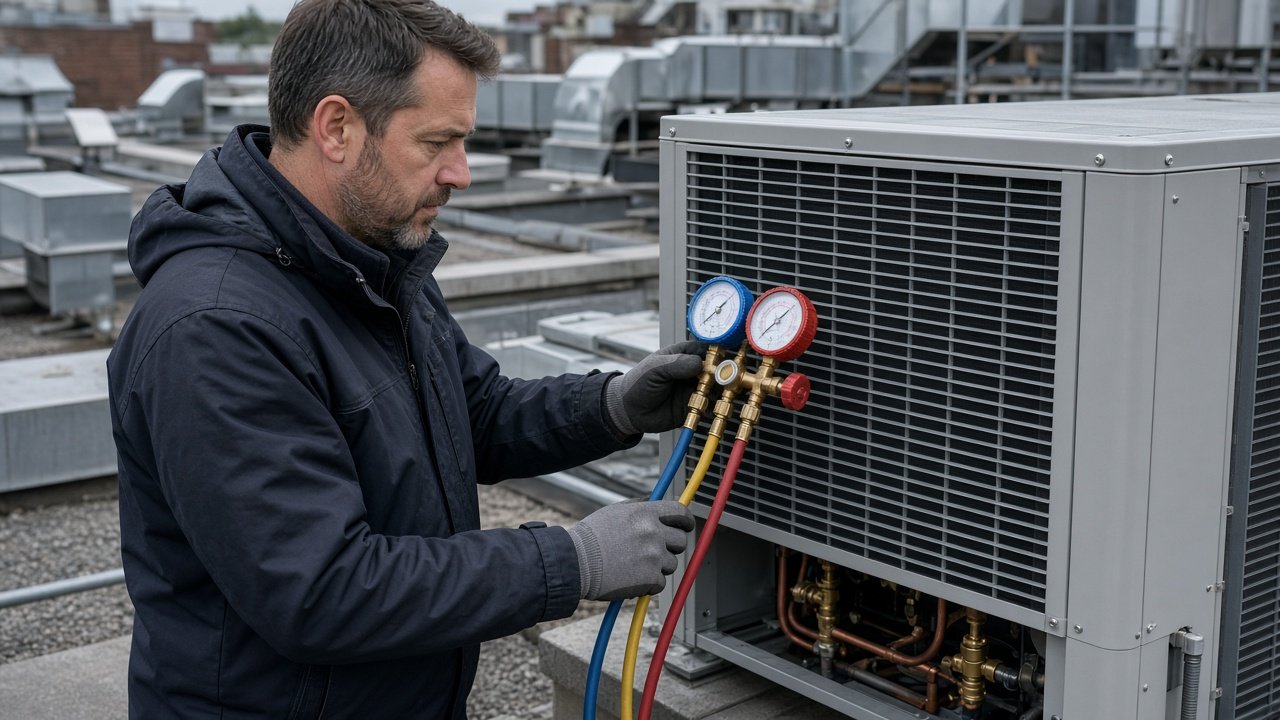 F-Gas leak check distinct from routine commercial air conditioning maintenance
