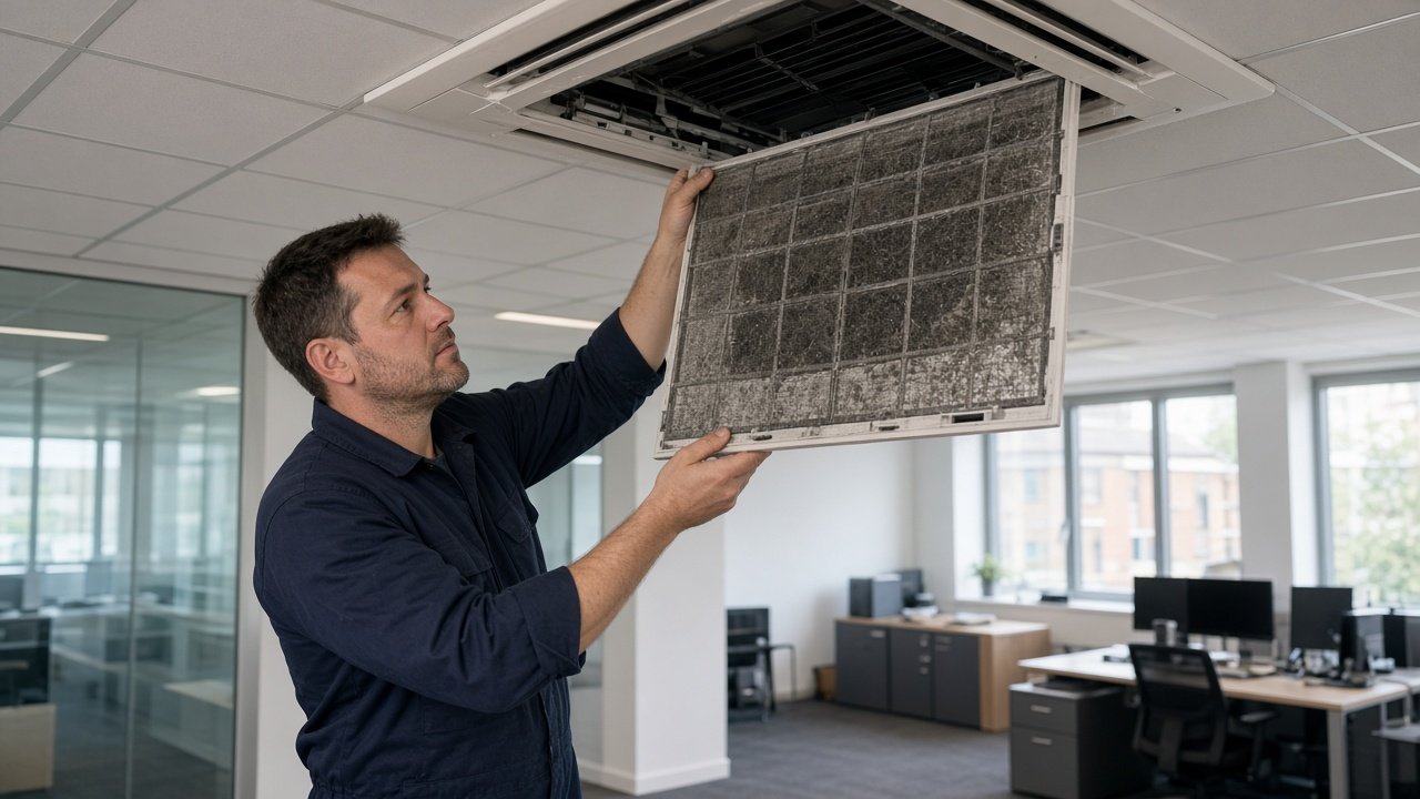 Engineer cleaning commercial air conditioning filters during business servicing