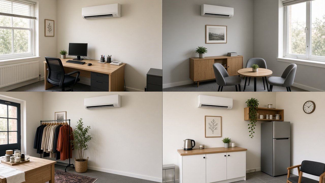 Multi-split indoor units serving separate rooms in a business suite