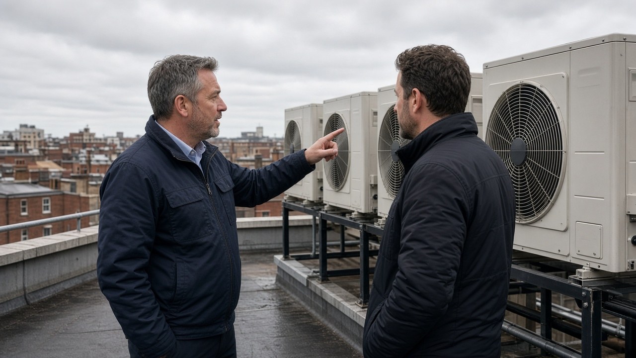 Facilities team reviewing outdoor AC units when choosing multi-split vs VRF for a business