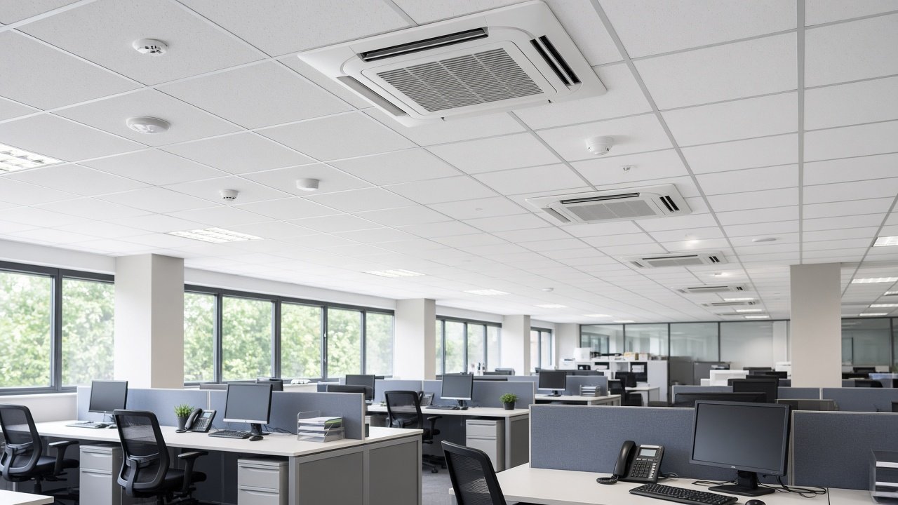 Ceiling cassette air conditioning units in an open-plan business office