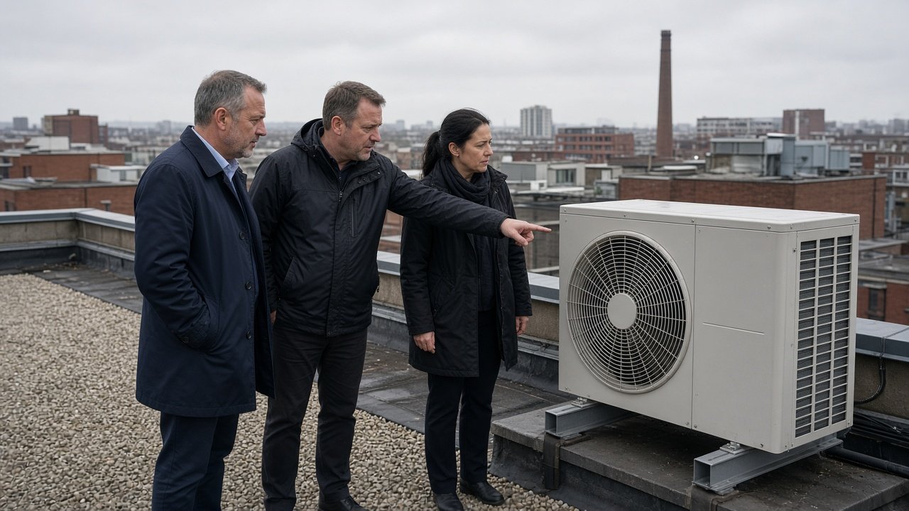 Facilities team reviewing outdoor AC unit siting on a UK commercial rooftop
