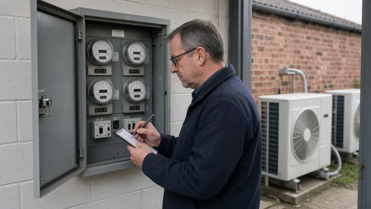Facilities manager checking submeters for commercial air conditioning running costs