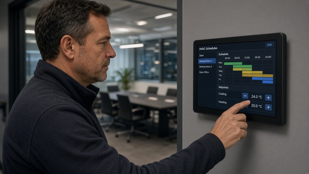 Facilities manager adjusting HVAC schedules and setpoints to reduce running costs