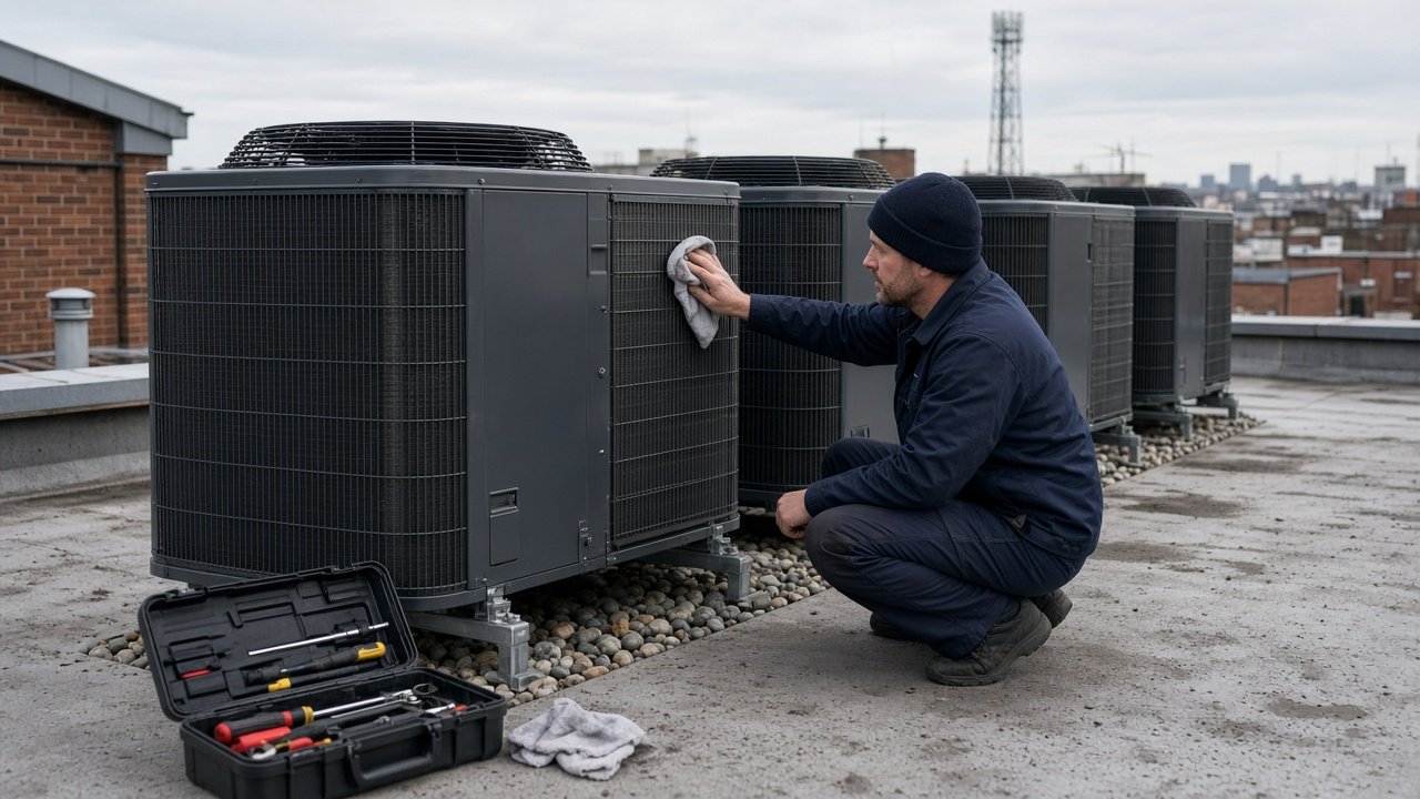 Technician maintaining efficient VRF outdoor units to cut commercial AC energy use