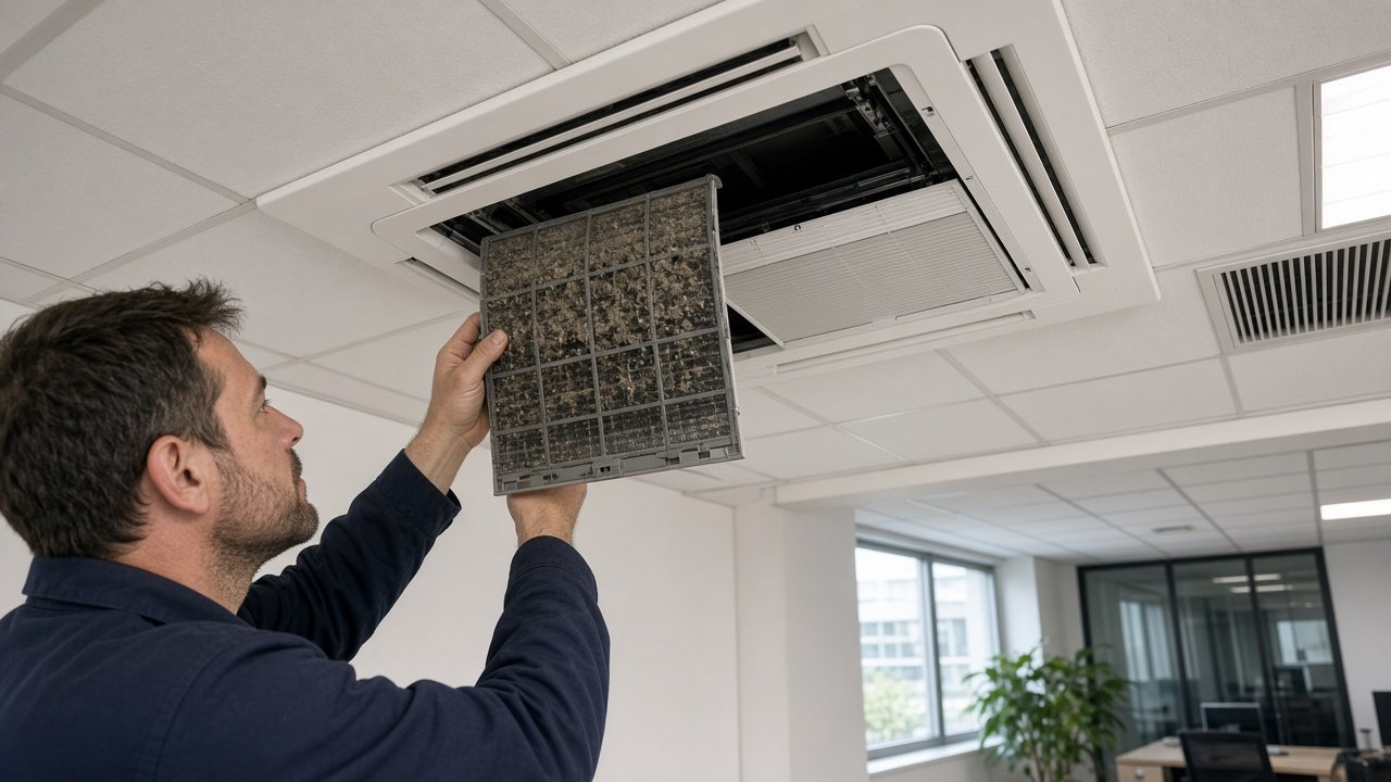 Dirty commercial AC cassette filter being replaced during energy efficiency maintenance