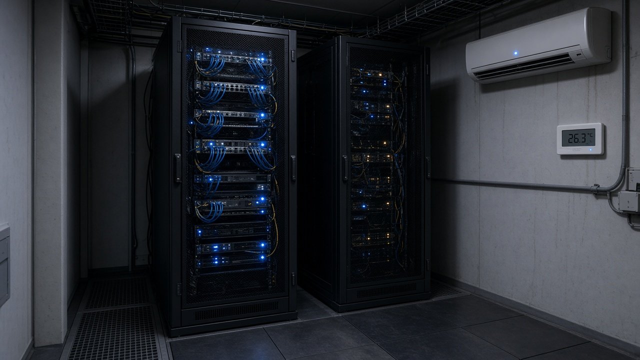 Small UK server room with comfort split AC and temperature monitoring