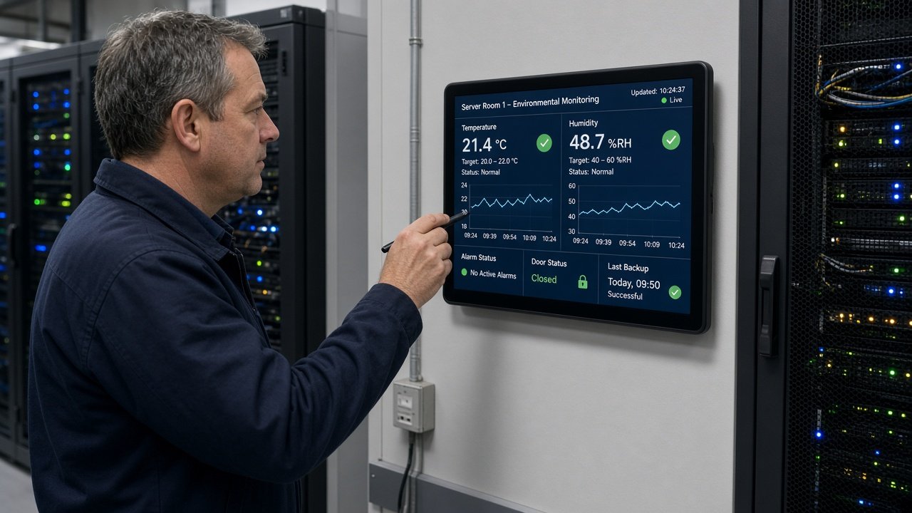 Facilities engineer checking server room temperature and humidity monitoring alarms