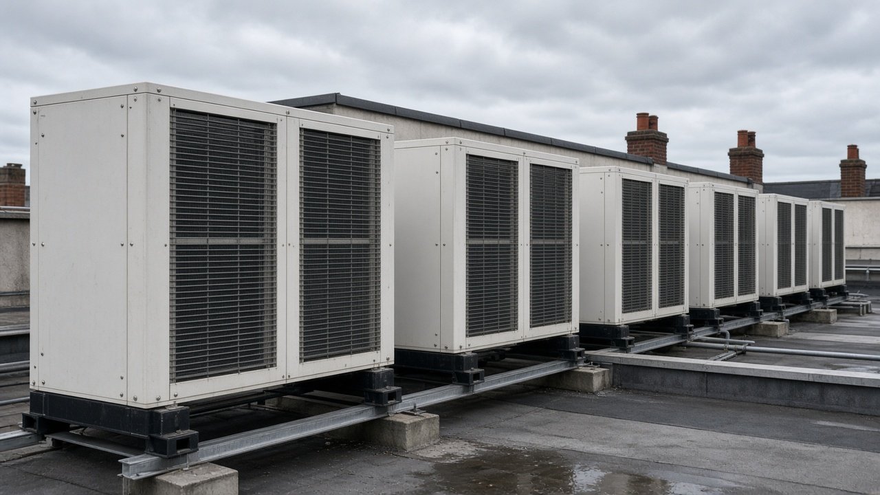 VRF air conditioning outdoor units for businesses on a commercial roof